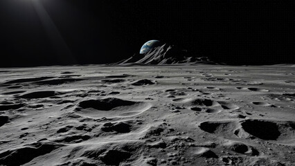 lunar craters, space landscape, another planet, earth rising over moon, grey rocks