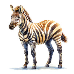 Fototapeta premium Watercolor-style illustration of a zebra foal standing on a white background with detailed stripes and coloring variations.