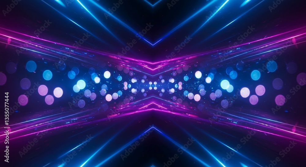 Poster abstract neon tunnel with lights - futuristic glowing tunnel with vibrant neon lights and bokeh effe
