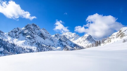 Majestic SnowCovered Mountains Under a Bright Blue Sky with Clouds : Generative AI