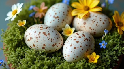 Obraz premium Three speckled eggs in a nest of vibrant flowers and moss.