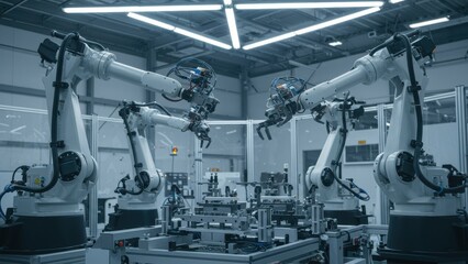 Naklejka premium Automated robotic arms work in factory. Industrial robots perform manufacturing operations with precision. Production efficiency through automation, innovation, and modern technology.