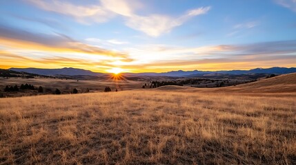 Obraz premium Stunning Sunset Over Rolling Hills in a Golden Landscape of Nature : Generative AI