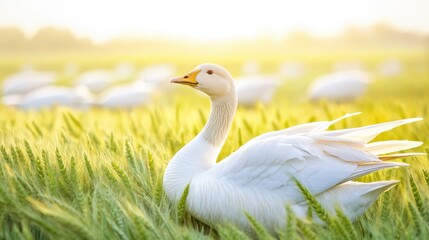 Obraz premium Majestic Swan in Golden Field: A resplendent swan gracefully navigates a field of sun-kissed golden grain, its pristine white plumage contrasting with the warm, luminous background.