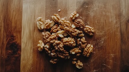 Fototapeta premium Walnuts on wooden board, kitchen, baking prep