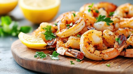 Exquisite Shrimp: Close-up shot of grilled shrimp with lemon and parsley