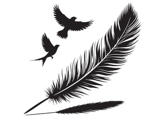 vector silhouette of a feather with flying bird logo, feather with flying bird logo icon, feather with bird logo design black animal, black feather with flying bird silhouettes on white background