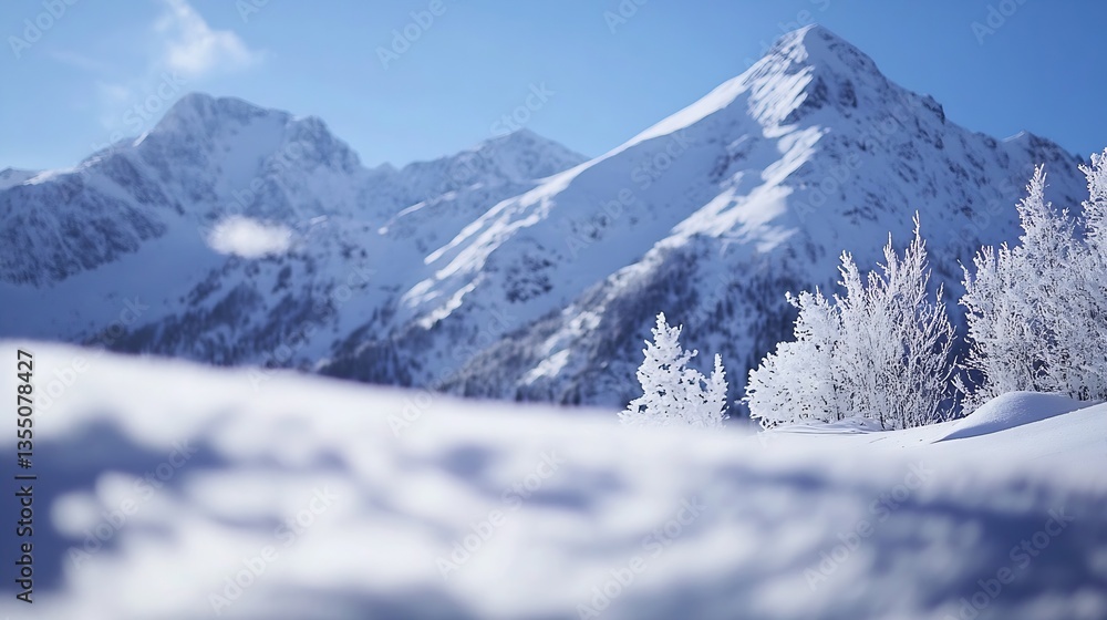 Poster stunning snowcapped mountain range illuminated by bright blue sky and frozen trees in winter wonder 