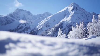 Obraz premium Stunning SnowCapped Mountain Range Illuminated by Bright Blue Sky and Frozen Trees in Winter Wonder : Generative AI