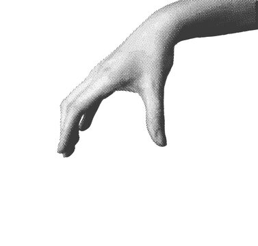 Hand grasping an invisible object between fingers, showing an abstract gesture. Gripping item or product with thumb and finger, holding something unseen. Vector illustration isolated on white