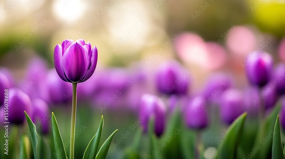 Aufkleber beautiful close up of a single purple tulip in a field of purple tulips with a soft blurred backgrou
