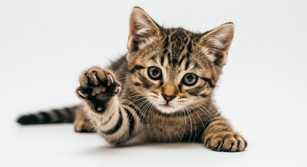 Obraz premium Adorable Kitten Reaching Out - A cute tabby kitten lies down, playfully reaching out its paw. Perfect for pet, animal, or adoption websites