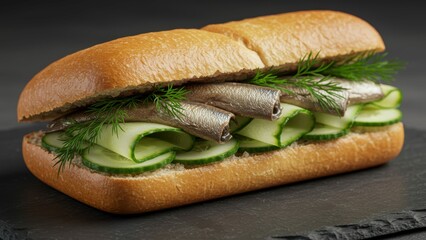 Sprat sandwich with cucumber and dill on a stone board. Traditional Baltic cuisine, simple food. Gourmet appetizer, healthy eating concept.