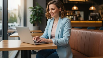 Fototapeta premium Caucasian woman typing on laptop inside cafe. Professional works remotely with modern technology. Promotes flexible work, empowerment, opportunity and success.