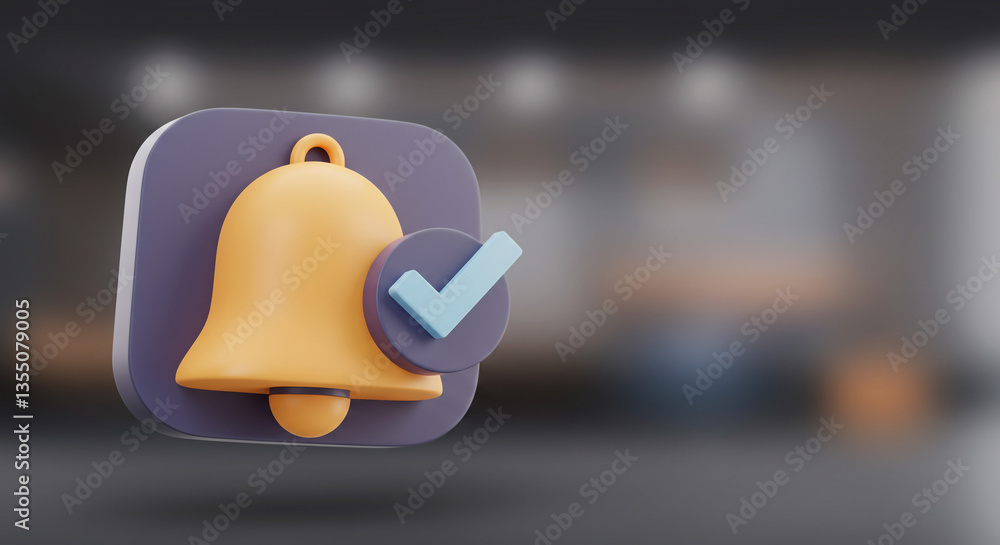 Poster a cheerful notification bell icon signals successful task completion, a 3d render with soft lighting