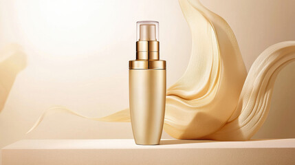 Naklejka premium Elegant Gold Cosmetic Bottle on Beige Textured Surface