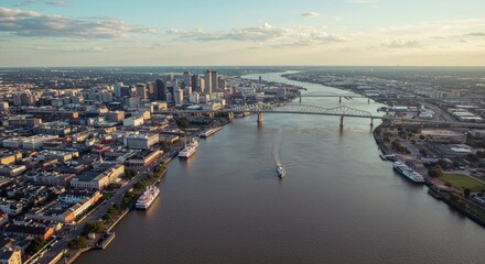 Fototapeta premium Aerial View of Cityscape and River - Stunning aerial shot of a city skyline at sunset