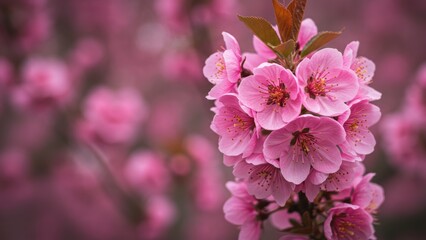 Obraz premium Peach blossom blooms, close-up. Delicate pink petals symbolize spring, renewal, beauty. Macro shot embodies tranquility, harmony, Japanese floral aesthetic.