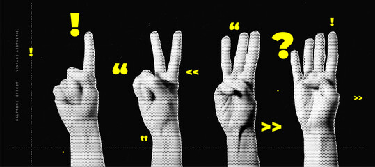 Halftone Effect Illustration of Four Hands Showing Different Finger Gestures in Vintage Pop Art Style