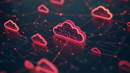 A futuristic representation of cloud computing with red glowing cloud icons connected across a dark digital network background. This image illustrates modern technology concepts such as data storage