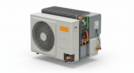 Obraz premium Air Conditioner Unit Isolated on White Background - Modern air conditioner, cooling system, home appliance, energy efficiency, climate control. Symbolizing comfort, technology, efficiency, freshness