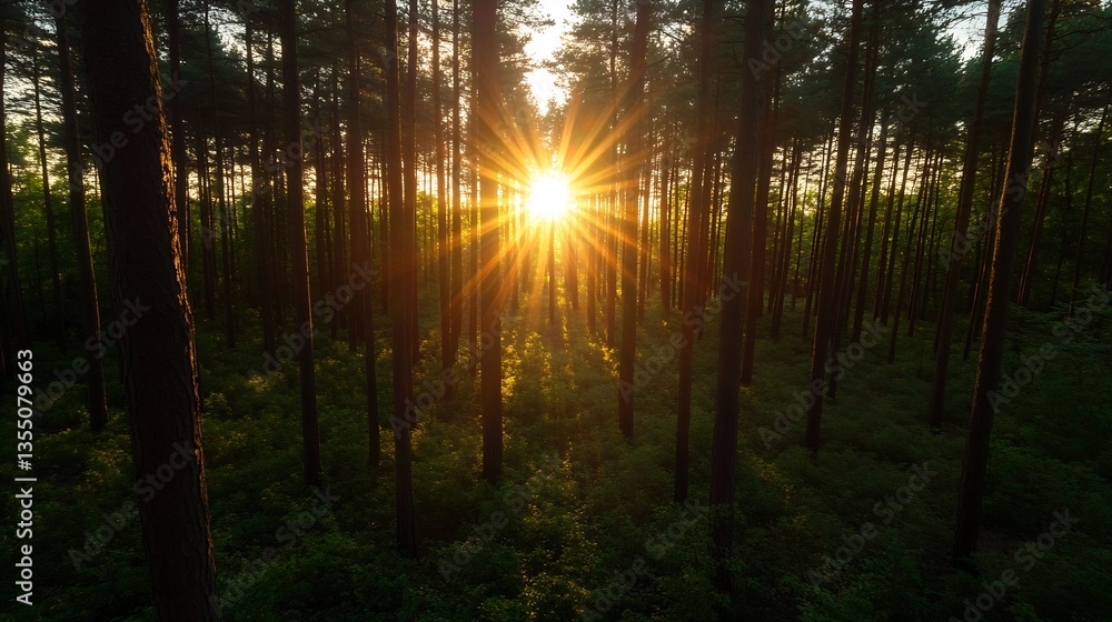 Aufkleber Golden sunlight piercing through tall trees in a serene forest atmosphere at dusk : Generative AI