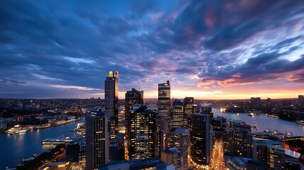 Fototapeta premium Breathtaking aerial view of a vibrant city skyline at sunset with dramatic clouds and twinkling city lights : Generative AI