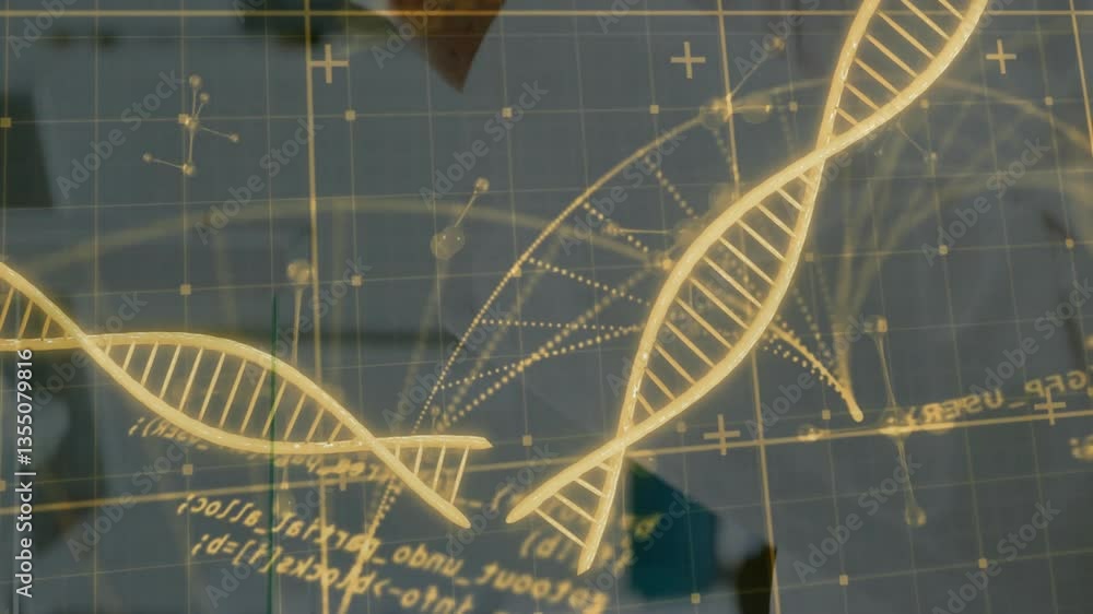 Poster dna strands and scientific data processing animation over laboratory background