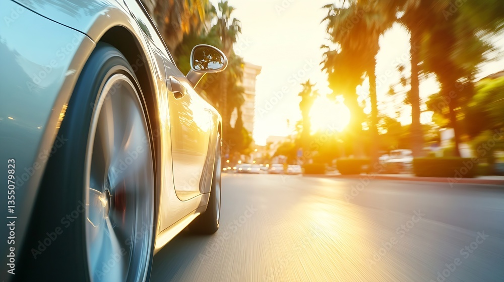 Aufkleber dynamic view of a sleek car racing down a palm tree lined road at sunset : generative ai