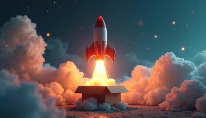 Rocket launch cardboard box. Toy rocket takes off amid clouds, sparks. Generative AI art with fiery blast. Fantasy, childlike, fun, imaginative concept. Space travel, innovative idea, dreams.