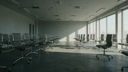 Empty office meeting room with office chairs, windows, & concrete walls. Location: commercial interior. Concepts: workspace, collaboration, vacancy, modern interior. 