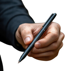 A hand offering a sleek black pen, a symbol of agreement, partnership, or a new beginning, captured in sharp focus against a clean white background.