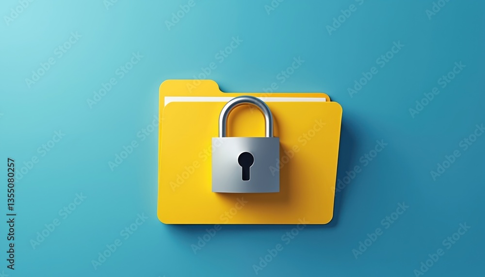 Poster illustration depicts secure file folder with padlock on blue background. data protection privacy con