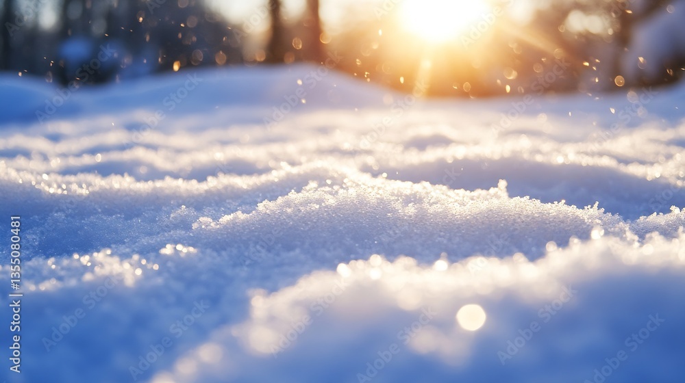 Poster close up of sparkling snow on ground illuminated by sunlight creating a winter wonderland atmosphere