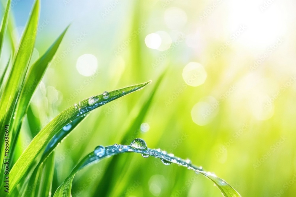 Poster close-up view of a dewdrop on a green wheat leaf reflecting soft natural light in a serene setting