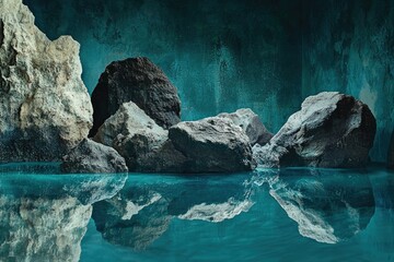 Dark teal water reflects large rocks in a mysterious, cavernous setting.