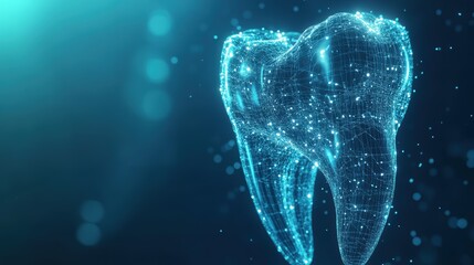Digital glowing holographic tooth model in blue with a futuristic wireframe design and particle effects