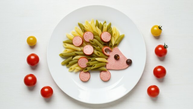 Food art. Penne pasta, sausage, tomatoes create hedgehog shape on plate. Creative kid's meal, balanced diet, gourmet, nutrition, healthy eating concepts.