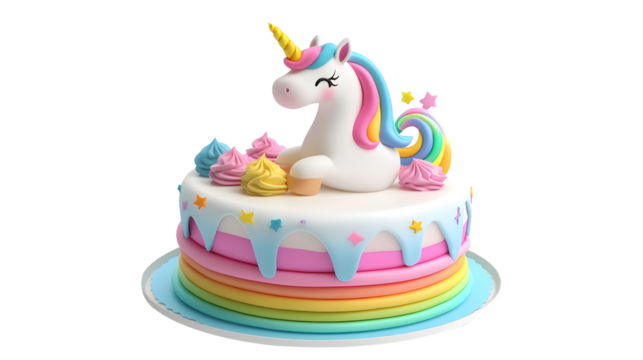 A unicorn cake with rainbow frosting and sprinkles