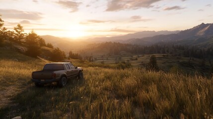 Fototapeta premium A striking image of a pickup truck parked in a grassy field during sunset surrounded by mountains : Generative AI