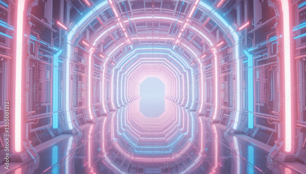 Poster futuristic neon tunnel digital universe 3d rendering sci-fi environment perspective view illuminatin