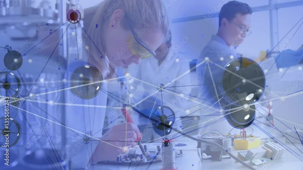 Poster processing scientific data, researchers working in laboratory with animation overlay
