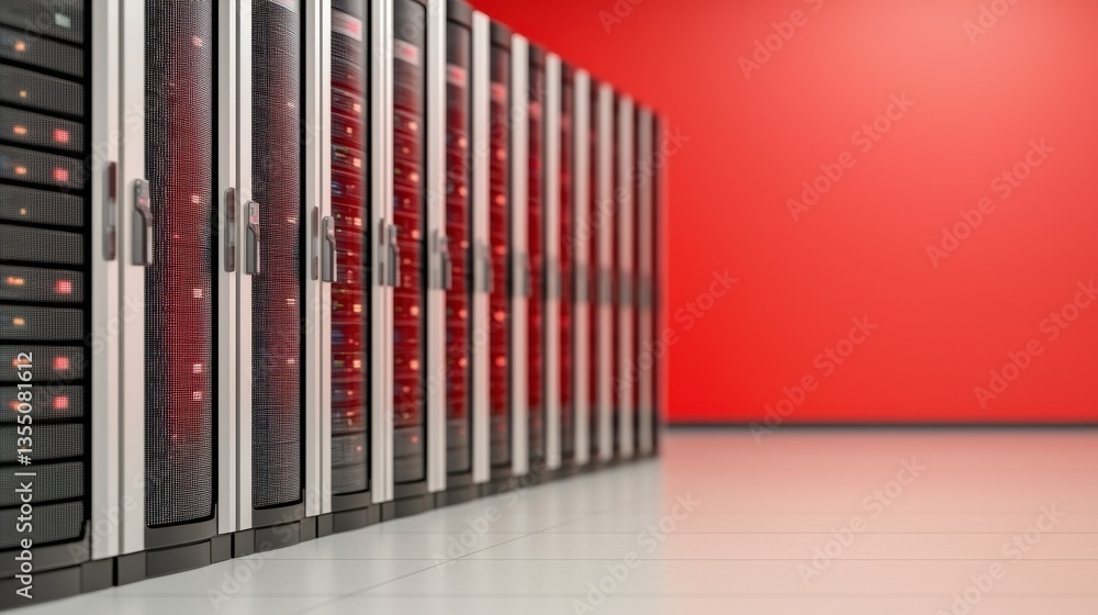 Poster silver and red server racks in a modern data center