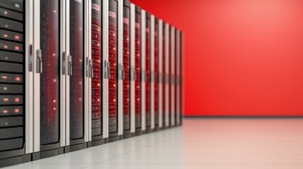 Fototapeta premium Silver and Red Server Racks in a Modern Data Center