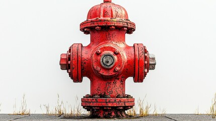 Fototapeta premium Weathered red fire hydrant, urban wall, grass, safety