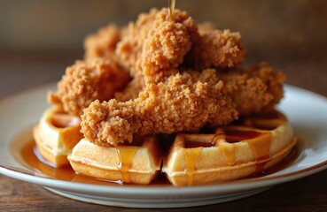 Crispy fried chicken on top of waffle with maple syrup. American comfort food for lunch dinner or breakfast. Sweet, tasty meal with chicken meat. Close up on white plate, wooden table background.