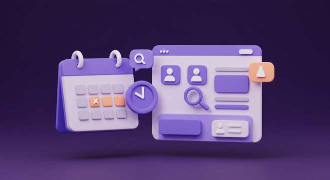 Streamlining your schedule: A digital calendar and user interface seamlessly integrated for effortless time management in calming purples and soft oranges.