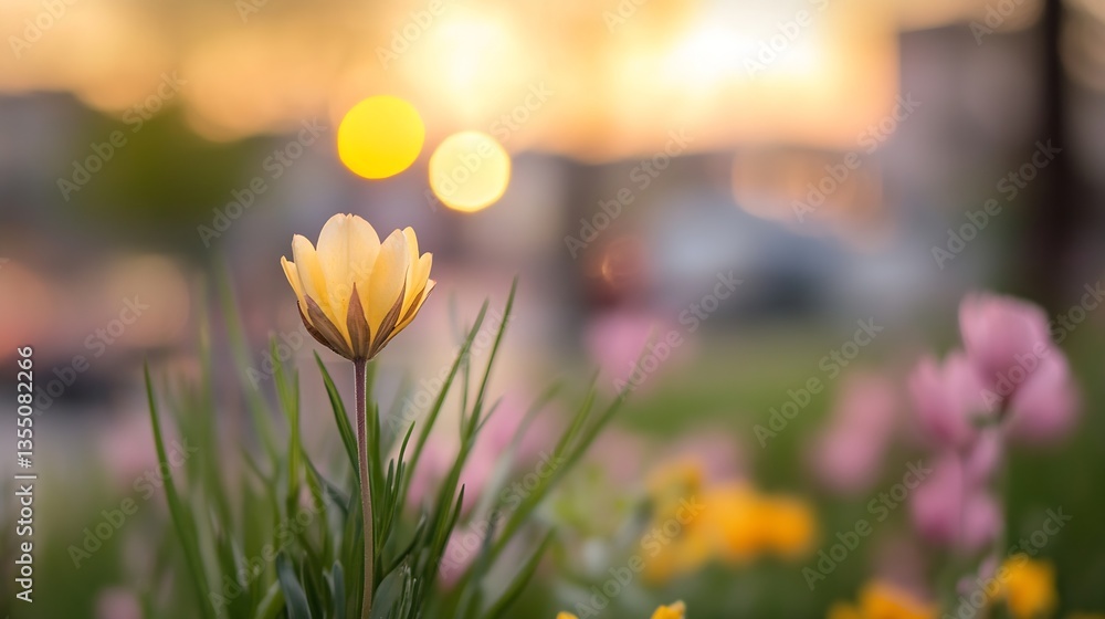 Poster Delicate yellow flower blooms in the morning light surrounded by soft bokeh effects : Generative AI