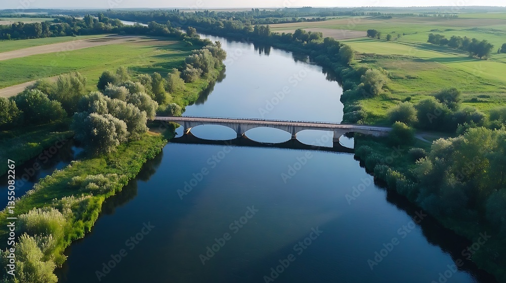 Poster serene landscape featuring a beautiful river with a bridge surrounded by lush greenery : generative 