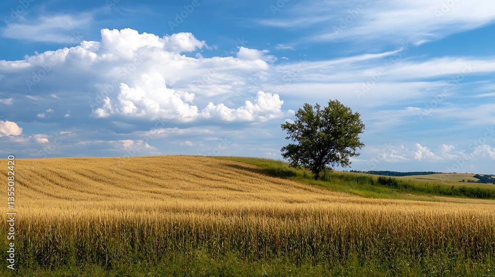 Poster golden wheat fields stretching under a bright sky with fluffy clouds : generative ai